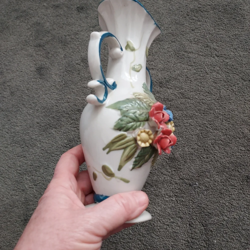 Victorian Style Floral Ceramic Vase with Blue Accents Grandmacore Cottagecore